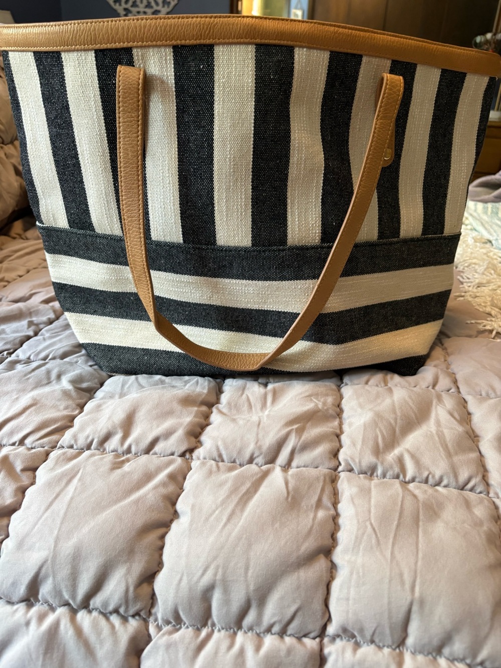 Chicos Striped Canvas Tote Bag with Tan Handles